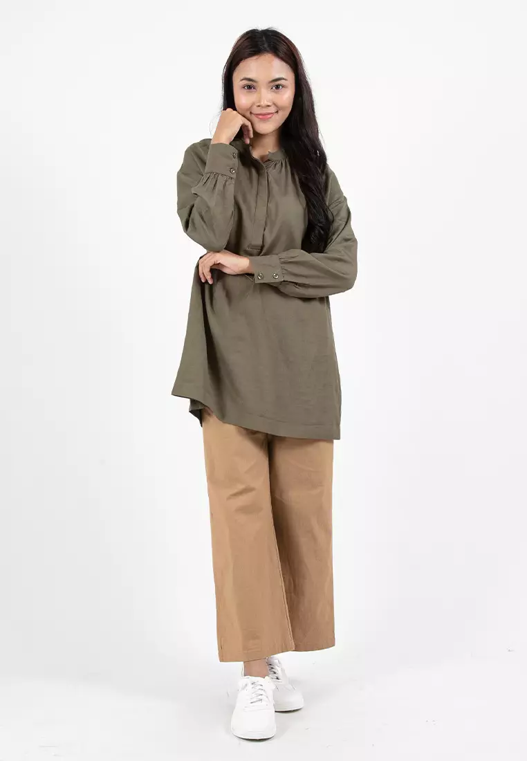 Forest Ladies Linen Oversized Band Collar Plain Blouse Women Long Sleeve Tunic | Baju Perempuan - 822391-48Olive