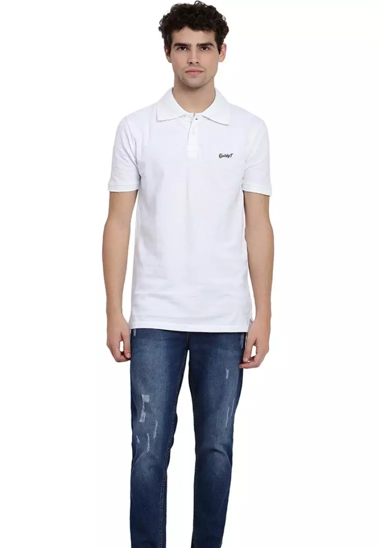 Mens Plain White QuirkyT Polo Neck Cotton Short Sleeve Collor Tee/Tshirt