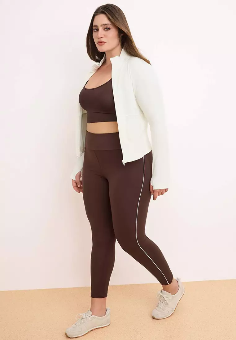 Brown Soft Brushed Fabric Piping Detailed Flexible Knitted Plus Size Leggings Tbbss26Bv00001