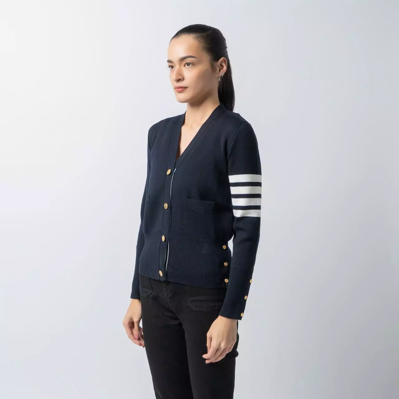 4-Bar Wool V-Neck Cardigan Navy