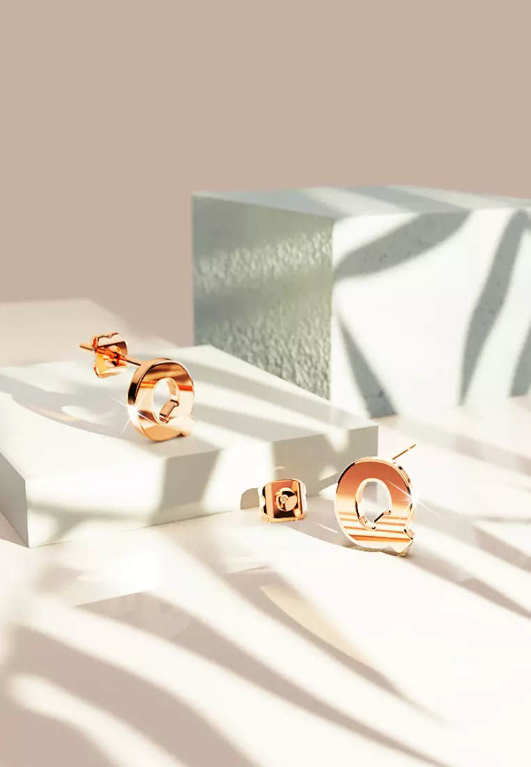 Bold Alphabet Letter Initial Charm Earrings in Rose Gold Tone - Q
