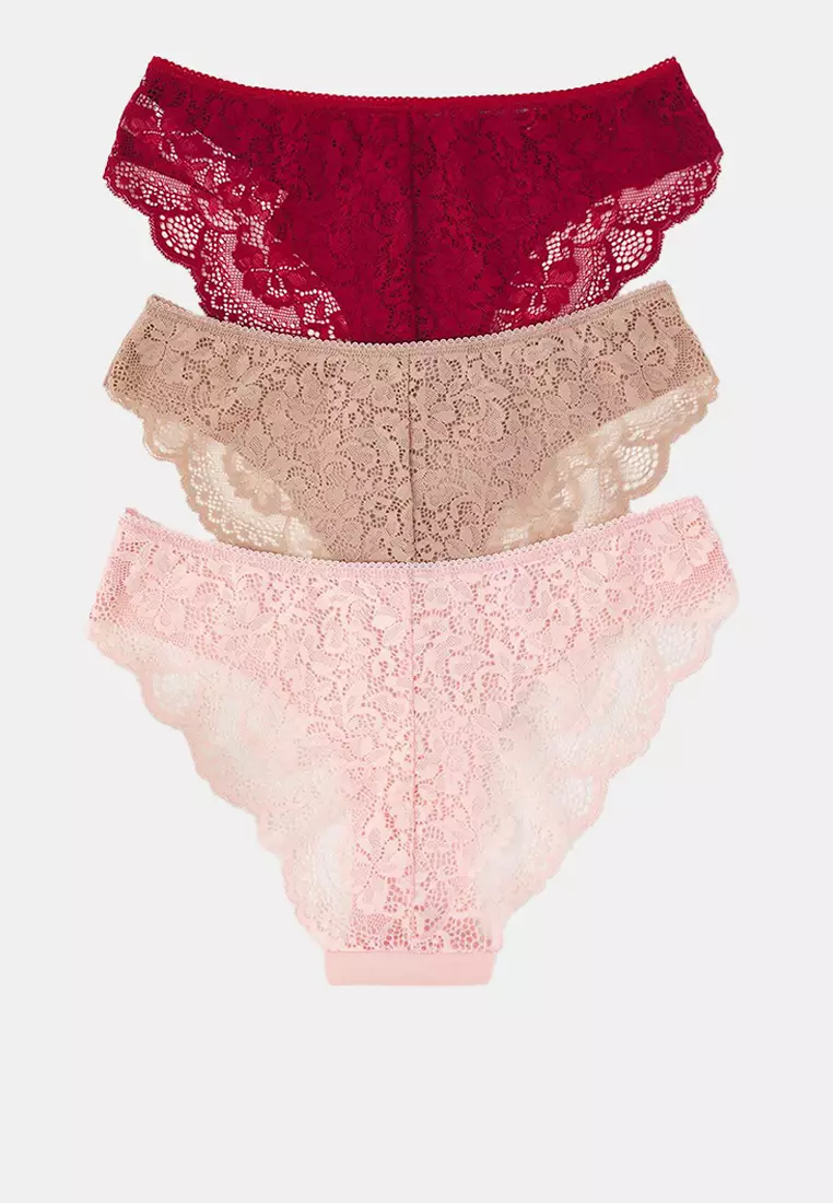 Purple-Multicolored 3-Pack Micro Lace And Ribbon/Bow Detailed Knitted Brazilian Panties