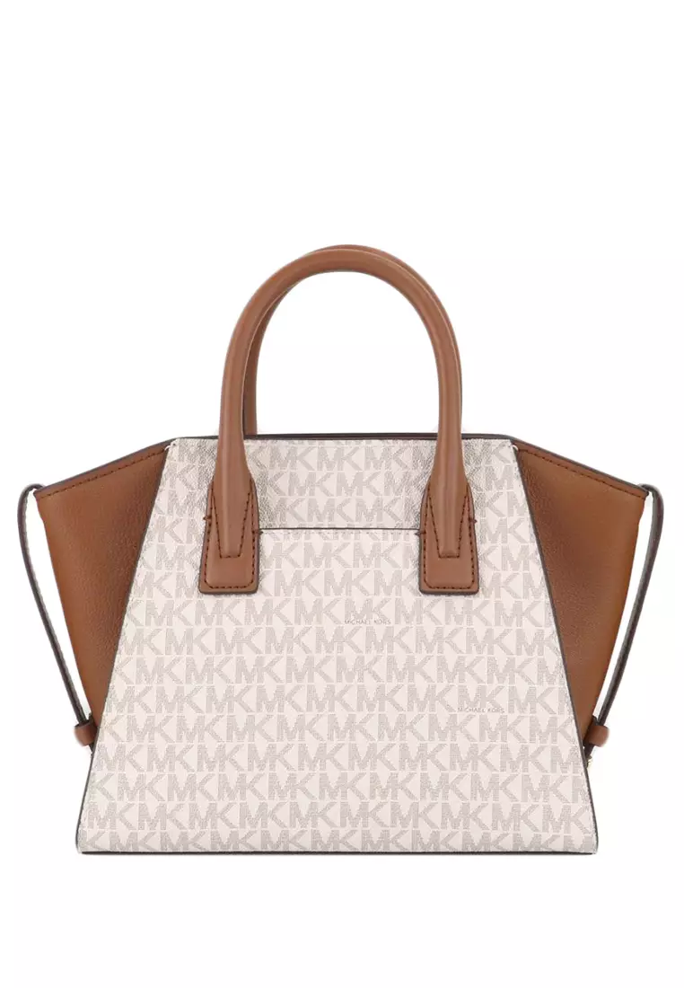 Avril Small Signature Top Zip Satchel - Vanilla/Brown