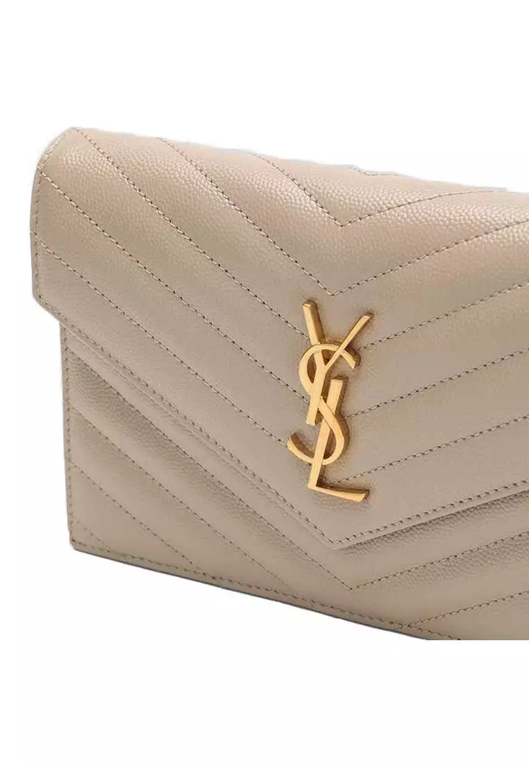 YSL Matelasse Envelope Chain Wallet In Grain De Poudre Embossed Leather Dark Beige/Gold 742920BOW01