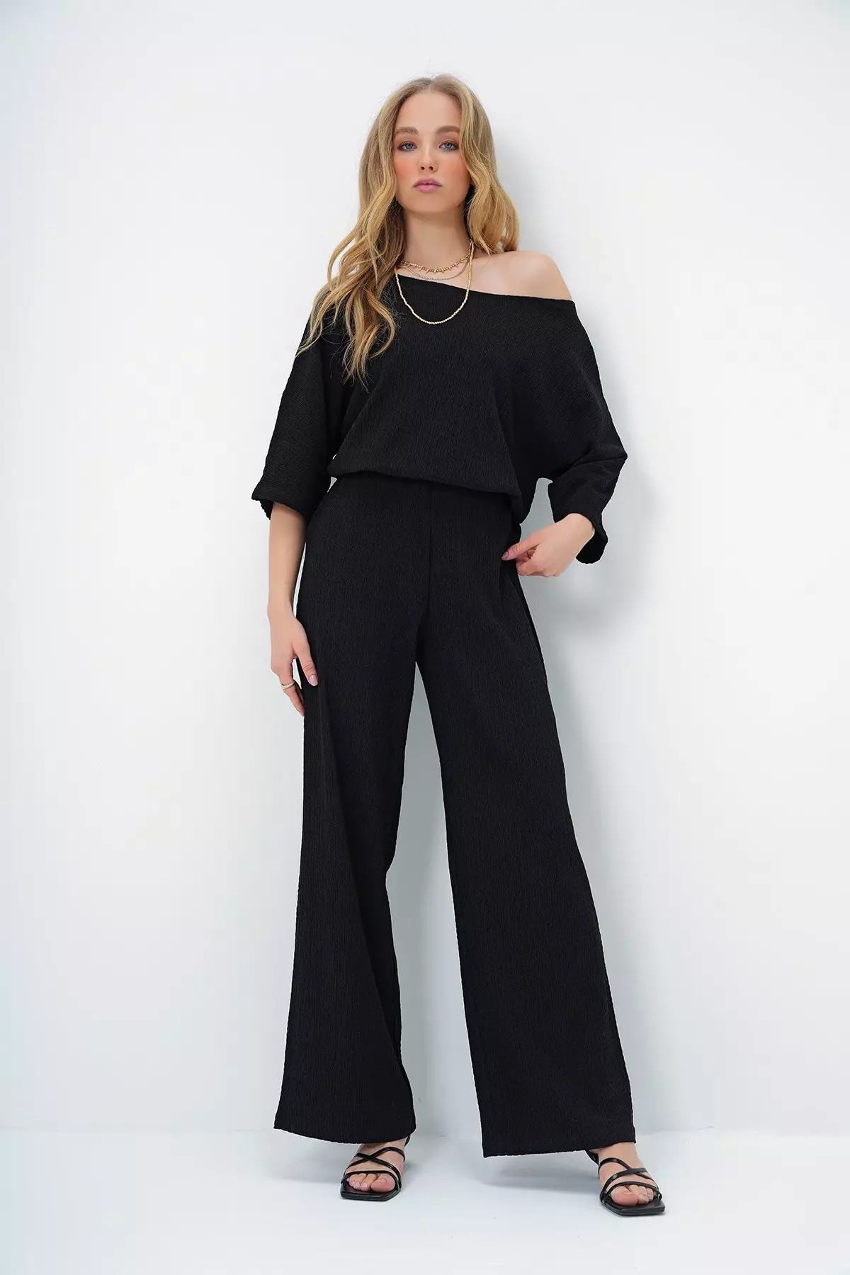 Women's Black Boat Neck Bat Sleeve Casual Blouse and Palazzo Pants Crepe Set