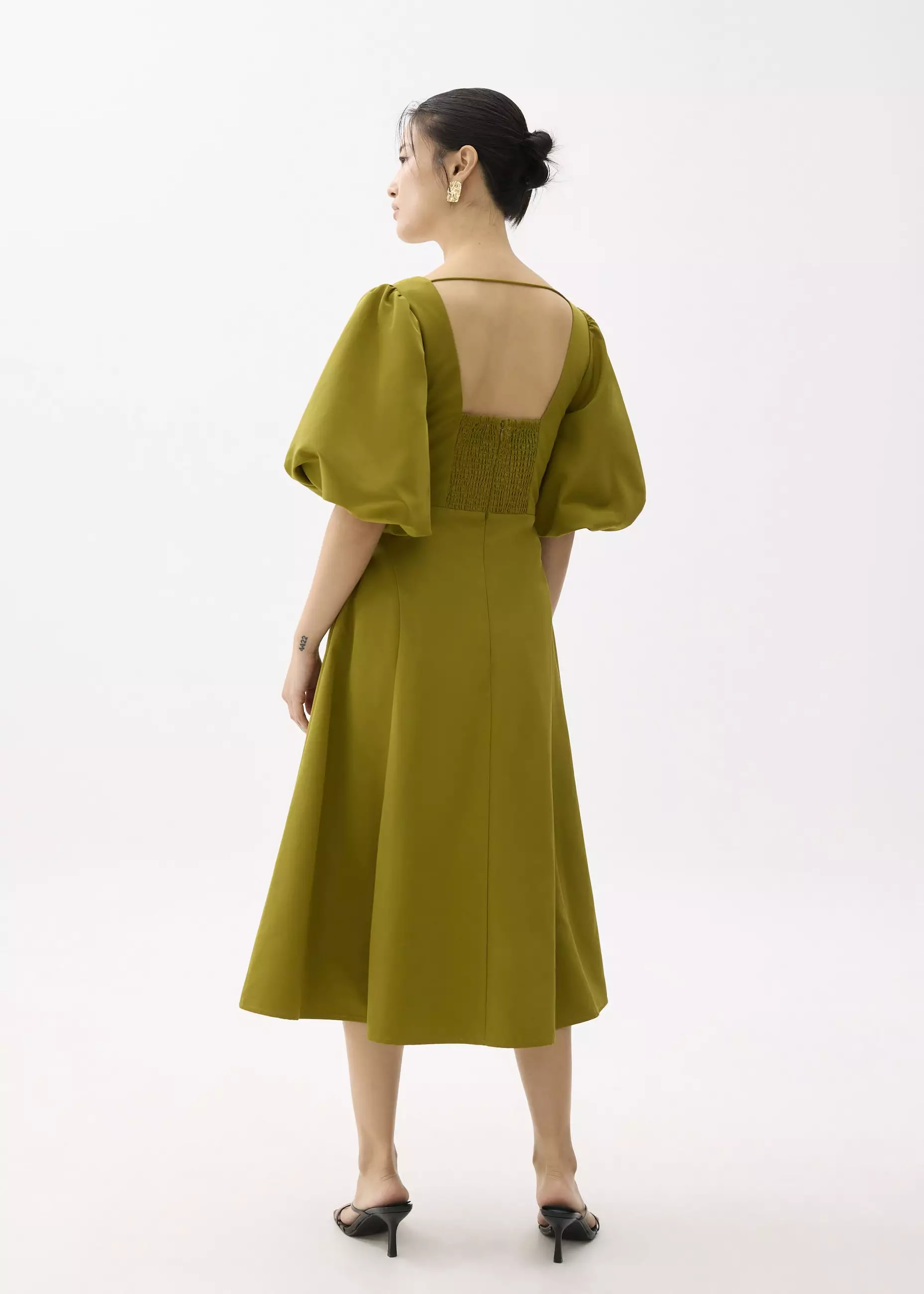 Dress Wanita - Padded Square Neck Puff Sleeve Midi Dress