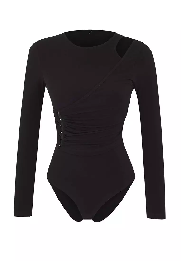 Black Asymmetric Collar Knitted Party Bodysuit Tpraw26Bd00011