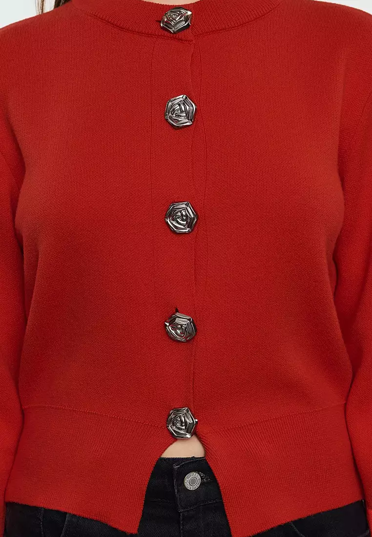 Dark Red Premium Yarn/Special Yarn Crop Rose Button Jacket Look Knitwear Cardigan Twoaw25Hi00110