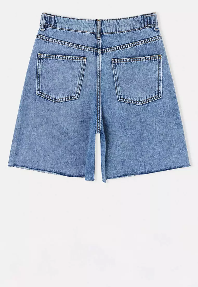 Blue Adjustable Waist High Waist Denim Bermuda Twoss26Sr144