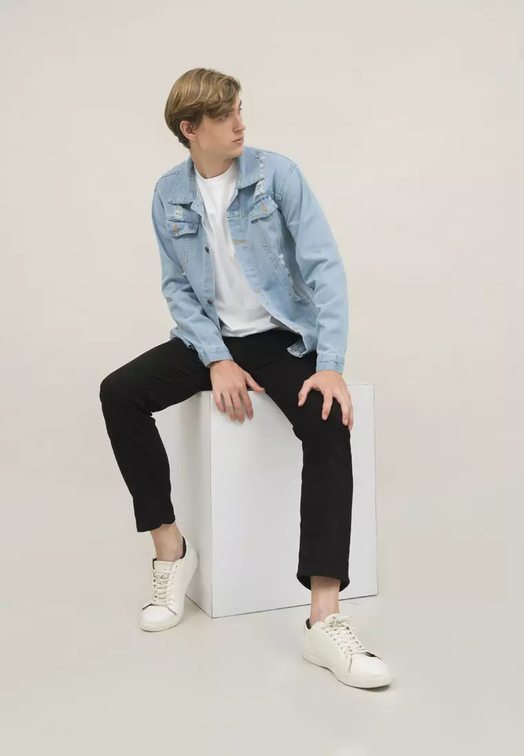 Houseofcuff Jaket Jeans Pria Polos Tebal Dilan Denim Biru Pudar Ripped