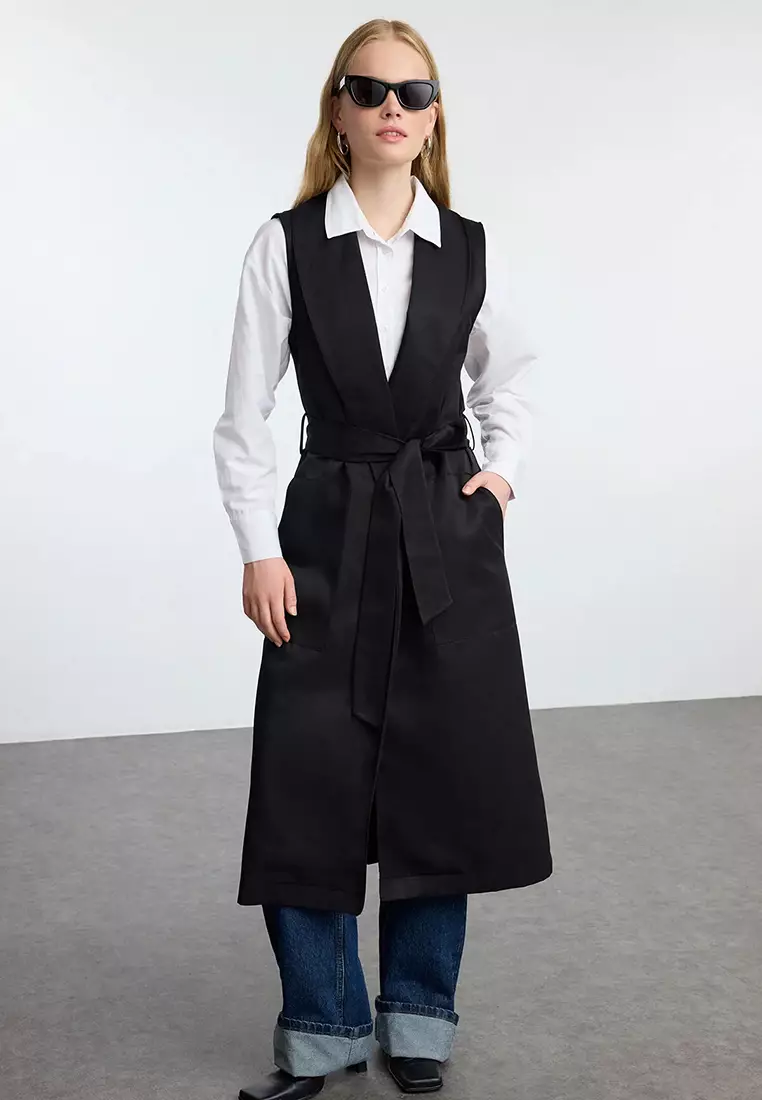 Long Black Shawl Collar Vest - Tctaw25Yl00003