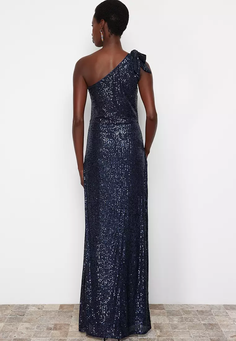 Single Sleeve Sequin Long Elegant Evening Dress