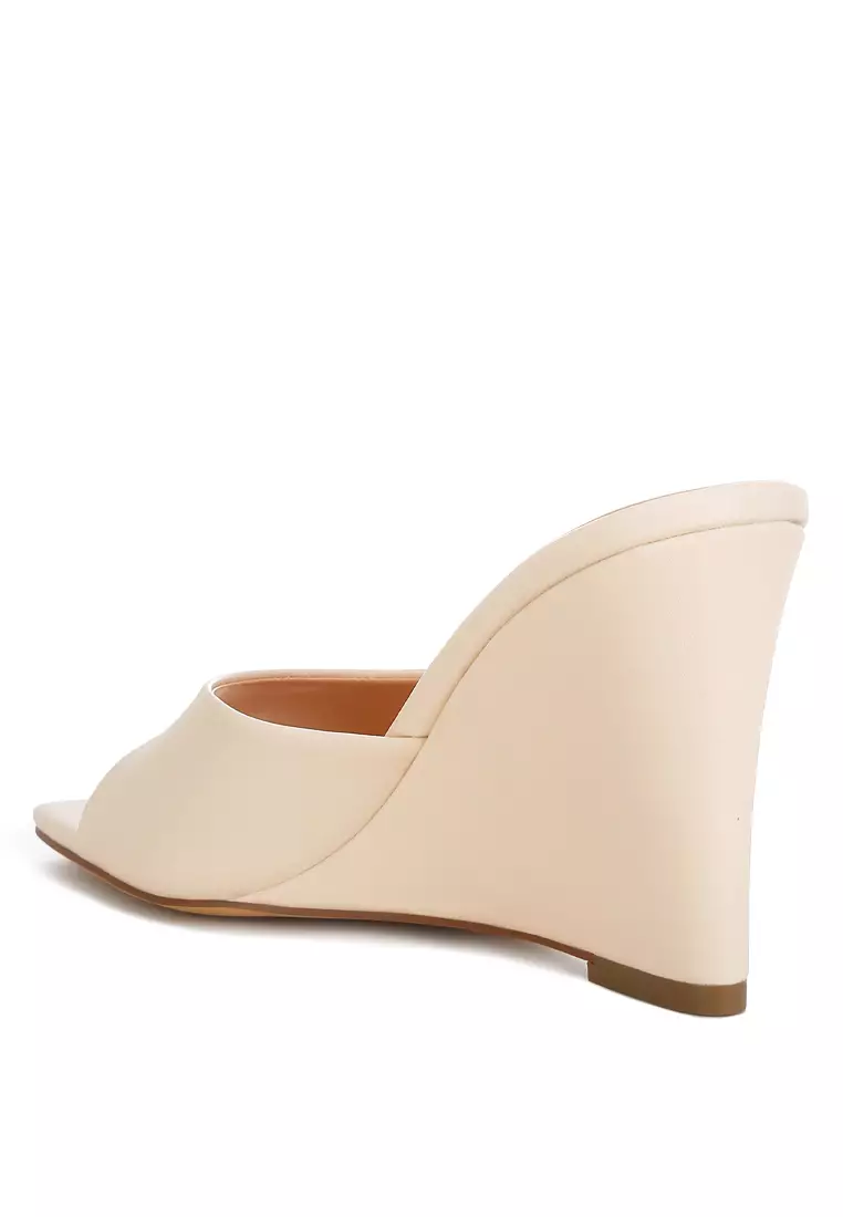 Recycled Faux Leather Wedge Sandals in Beige
