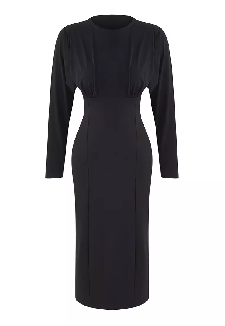 Black Plain Top Flowy Bodycon Midi Knit Dress