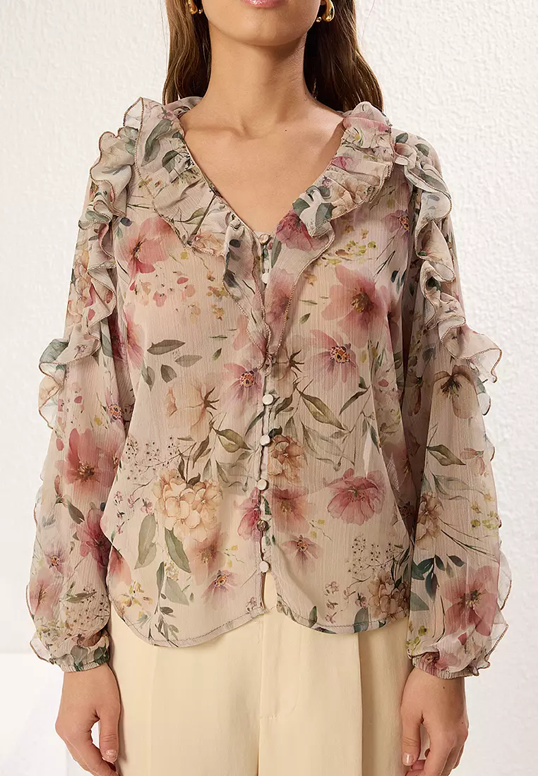 Chiffon Floral Ruffle Shirt
