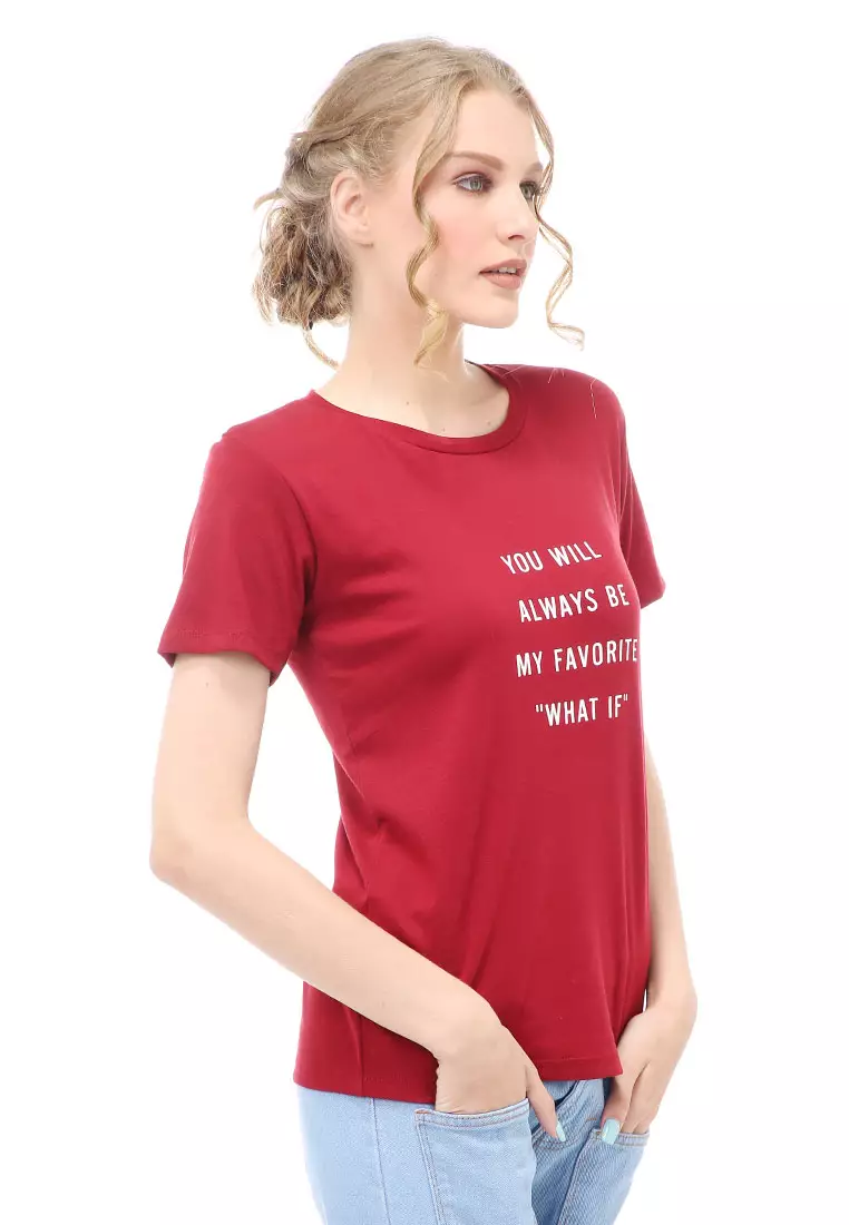 Genevie Kaos Kasual Wanita Lengan Pendek You Will Be Material Cotton ORIGINAL - Maroon