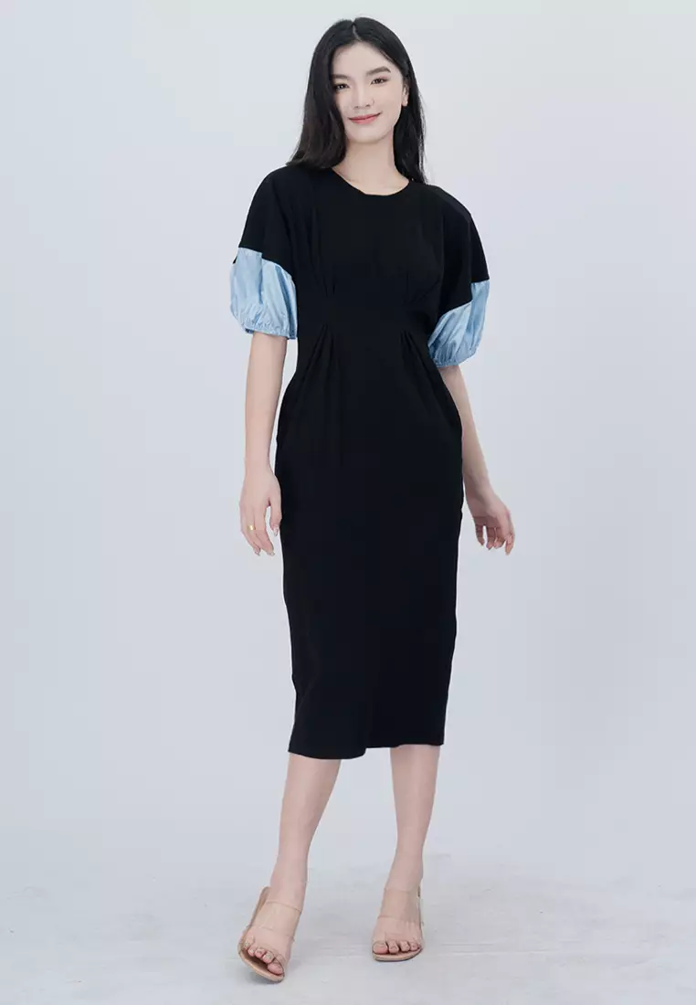 针织泡泡袖可伸缩中长款连衣裙