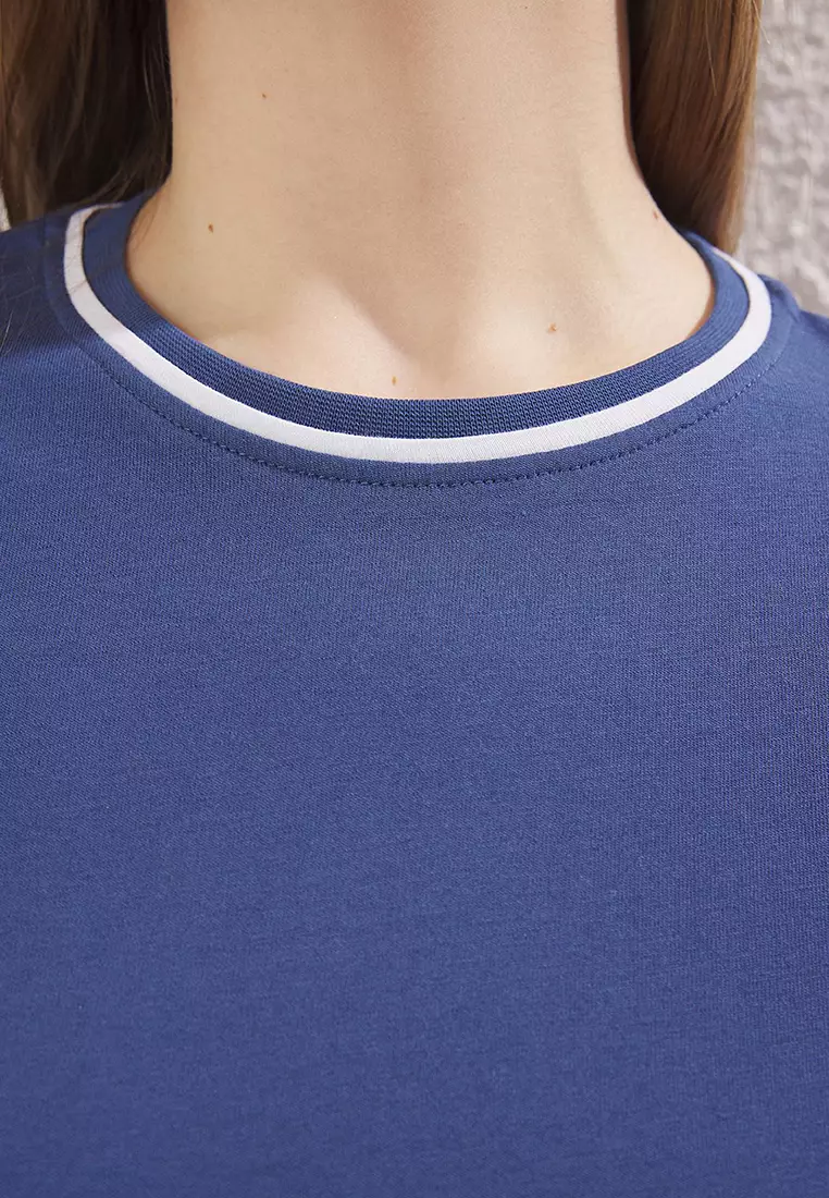Indigo Crew Neck with Piping Detail Basic Plus Size T-shirt TBBSS25BF00050