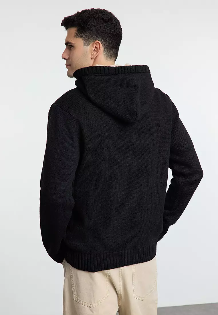 Black FL Men's Regular Hooded Plain Knitwear Cardigan TMNAW20HI0066