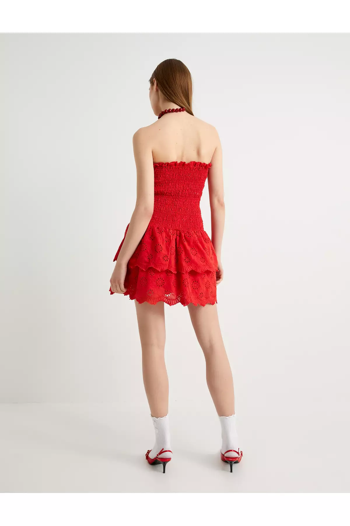 波浪邊露肩迷你連身裙 桃心領