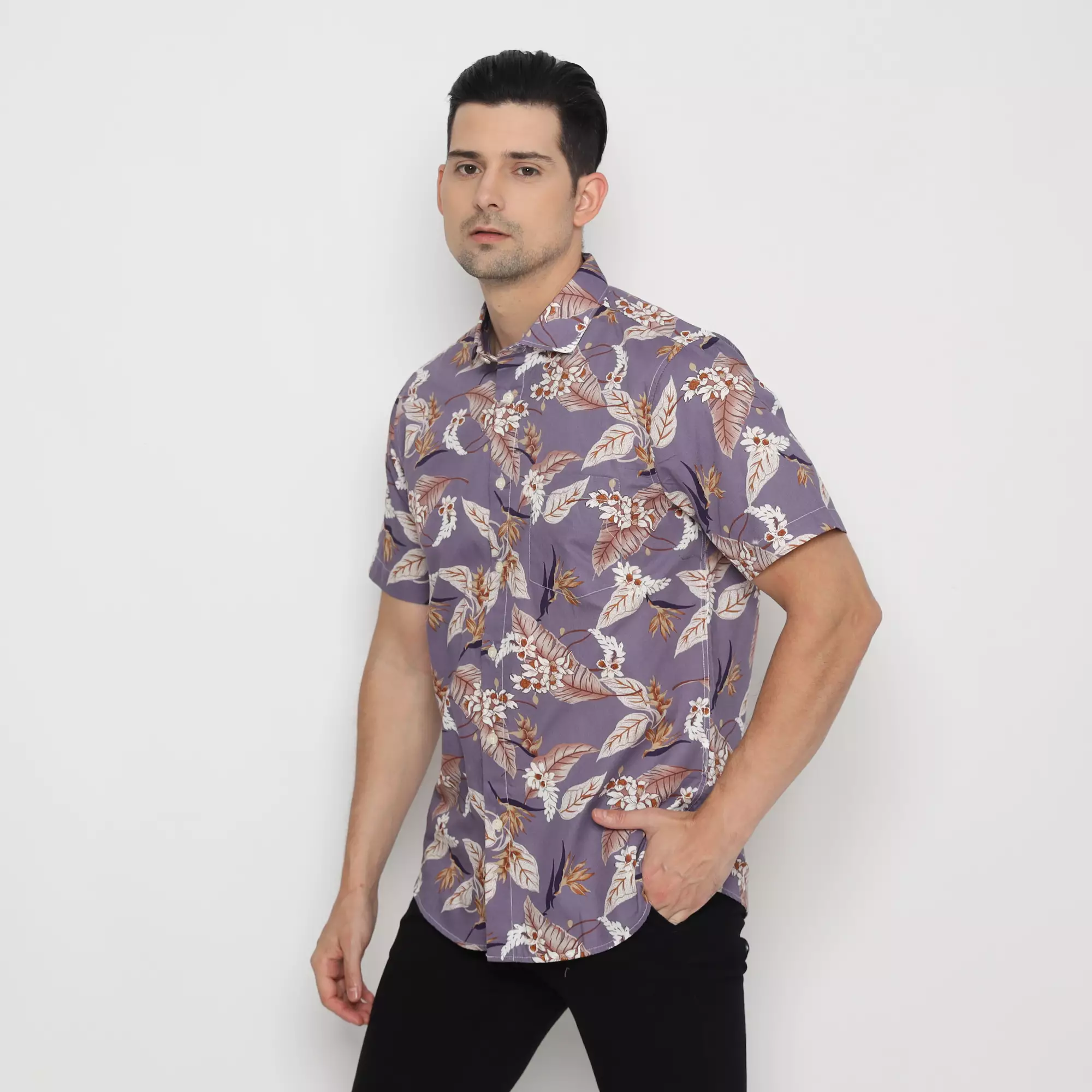 Platini Kemeja Motif Pria Lengan Pendek Katun Ungu 73441