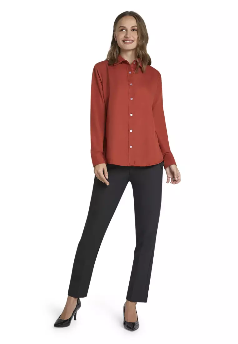 Zwetta Kemeja Lengan Panjang Plain Shirt Basic Atasan Wanita Regular Fit - Teracotta