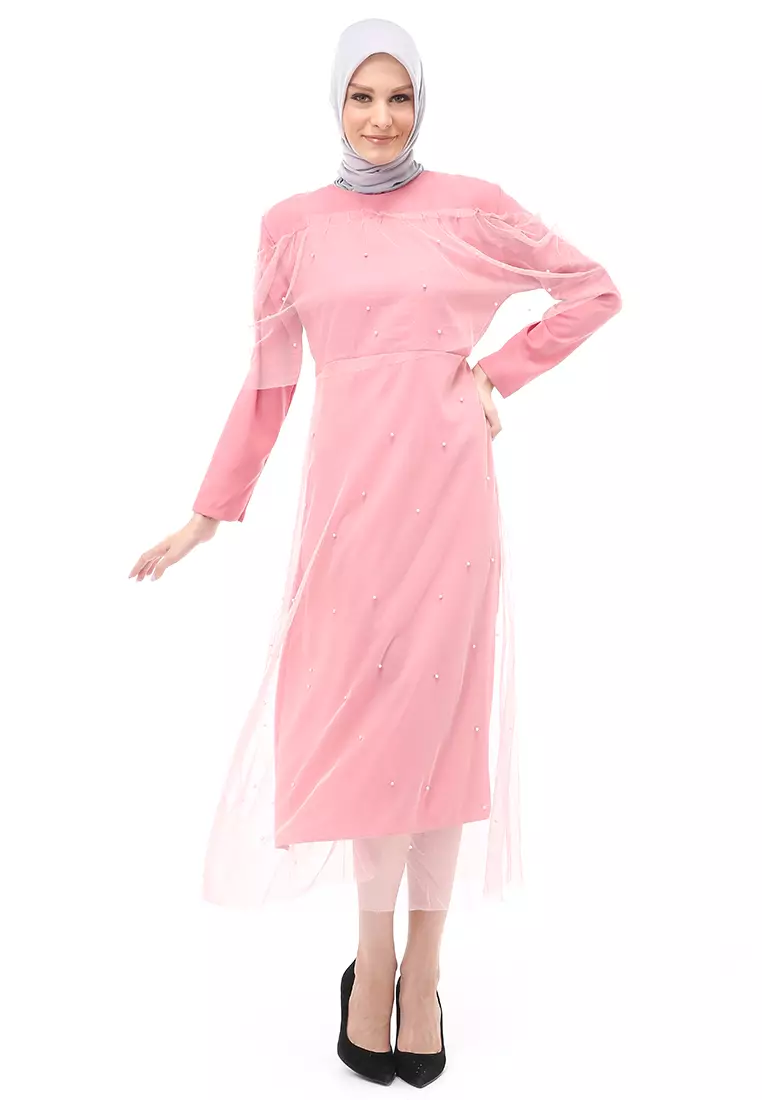 Riany Gamis Brukat Muslimah Wanita Motif Hiasan Long Dress Regular Fit - Dusty
