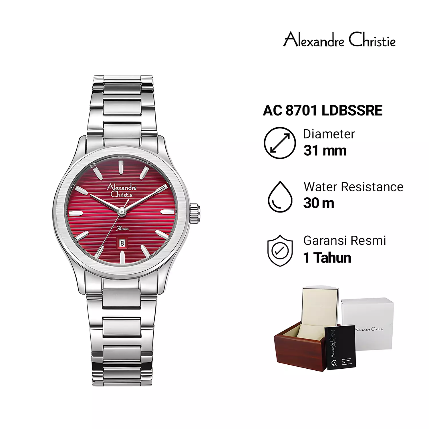 Alexandre Christie Classic Steel Jam Tangan Analog Wanita - Red Dial - All Stainless Steel - 8701 LDBSSRE 