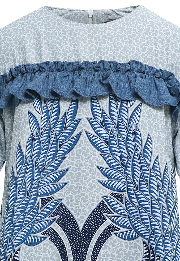 Baju Anak Perempuan Dress Zikia Batik Kids Lengan Pendek Grey Blue
