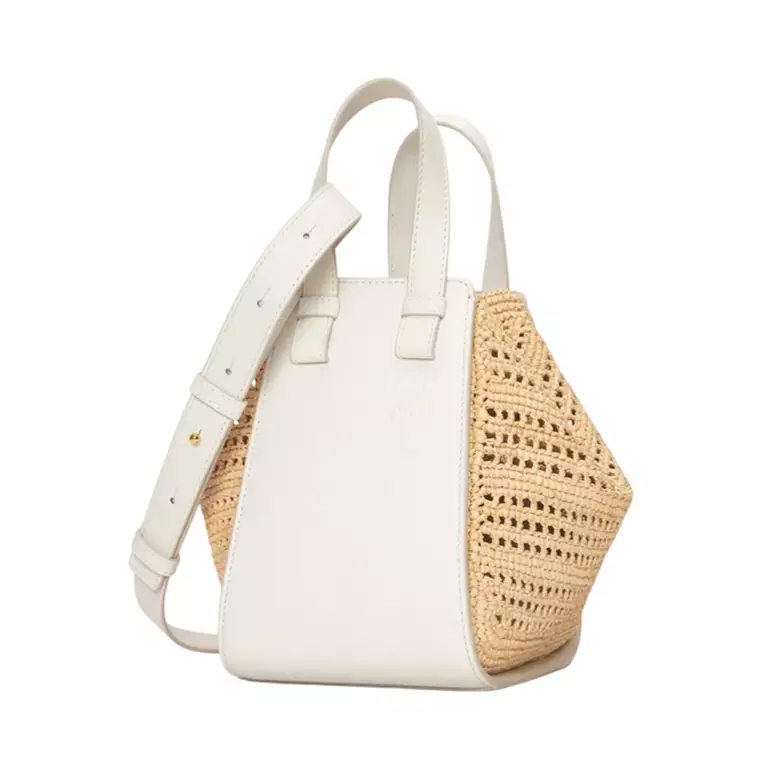 Compact Hammock Bag in Raffia and Calfskin Soft White/Natural