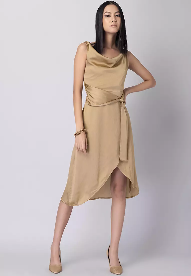 Beige Cowl Neck Dress With Fabric Tie Up