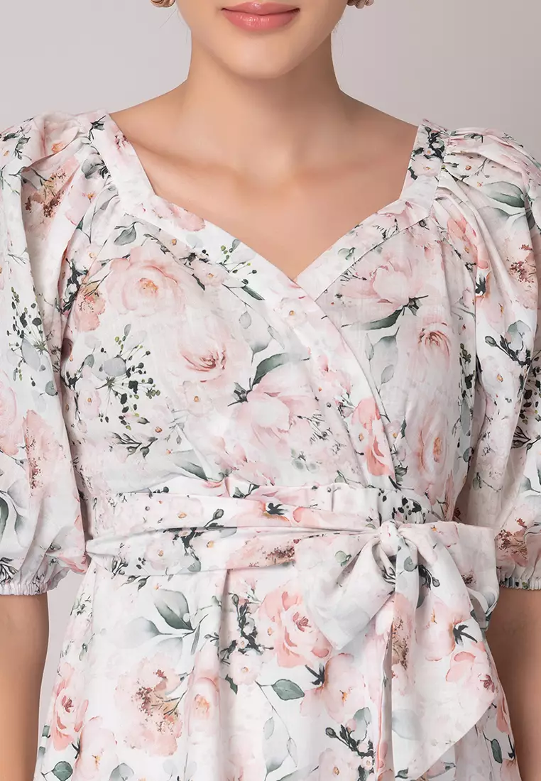 White Floral Print Cotton Dress With Fabric Belt