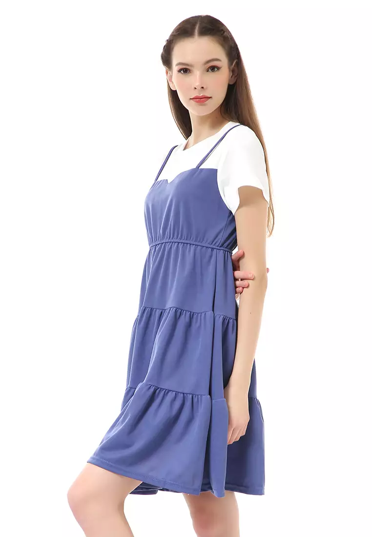 Rachel Midi Dress Wanita Lengan Pendek Model Menyatu Korean Style Material Cotton ORIGINAL - Blue
