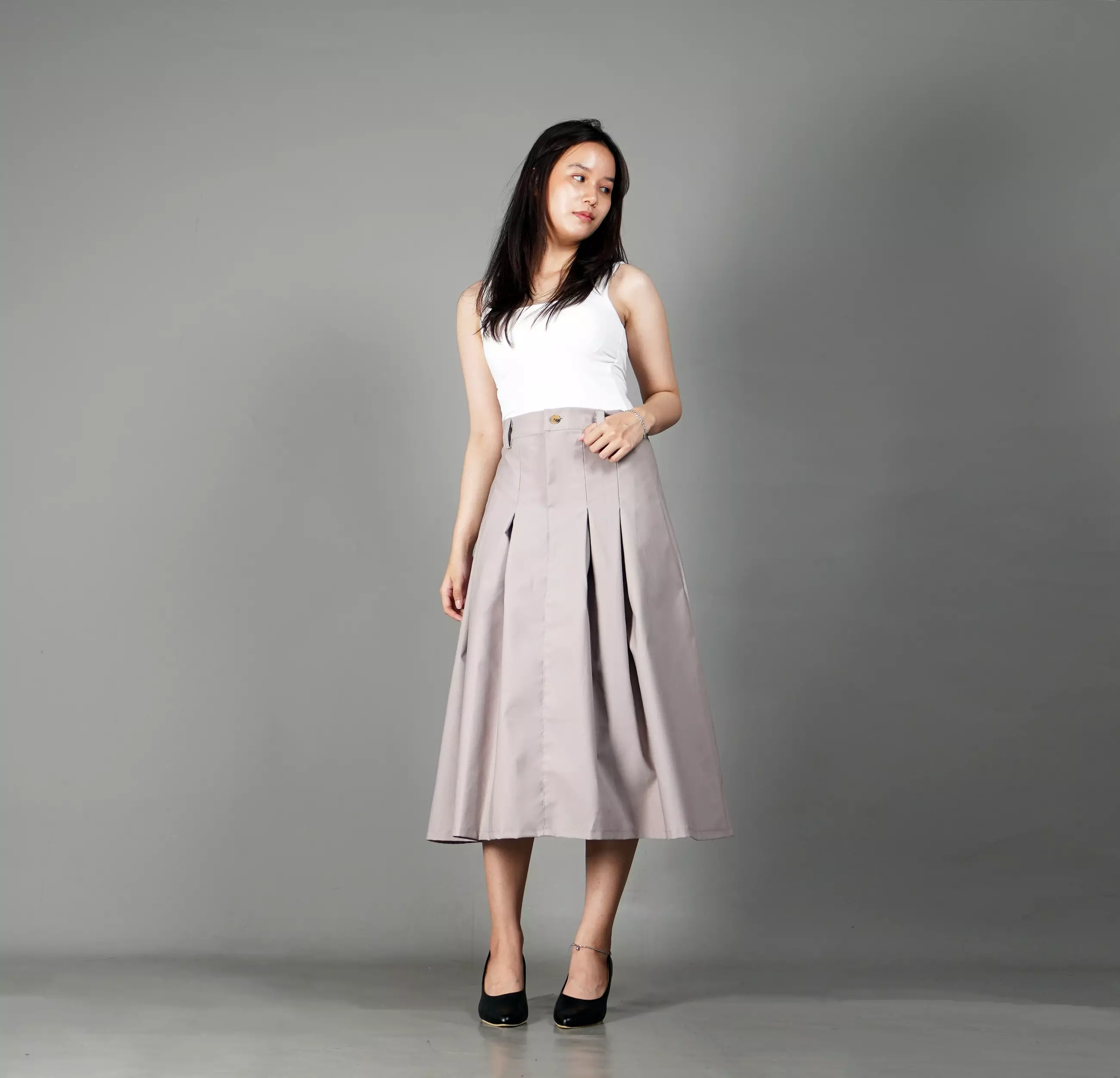 RUBY Pleated Skirt A Line Skirt Rok Lipat Rok 3/4 - BEIGE
