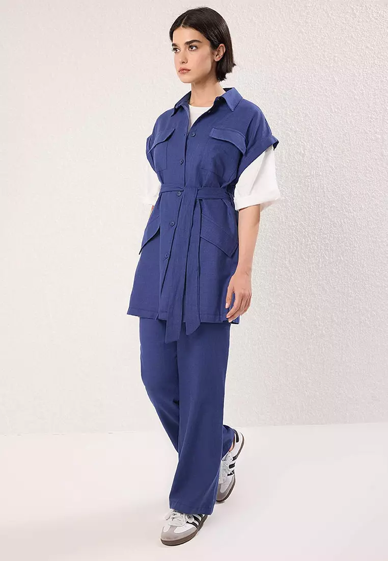 Navy Blue Linen Look Girdle Detailed Vest-Pants Woven Top and Bottom Set Tctss25Us00025