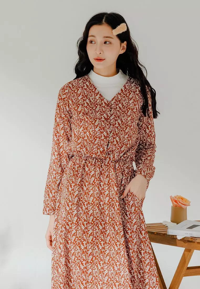 Vintage Floral Elastic Waist Chiffon Maxi Dress [DA9941]