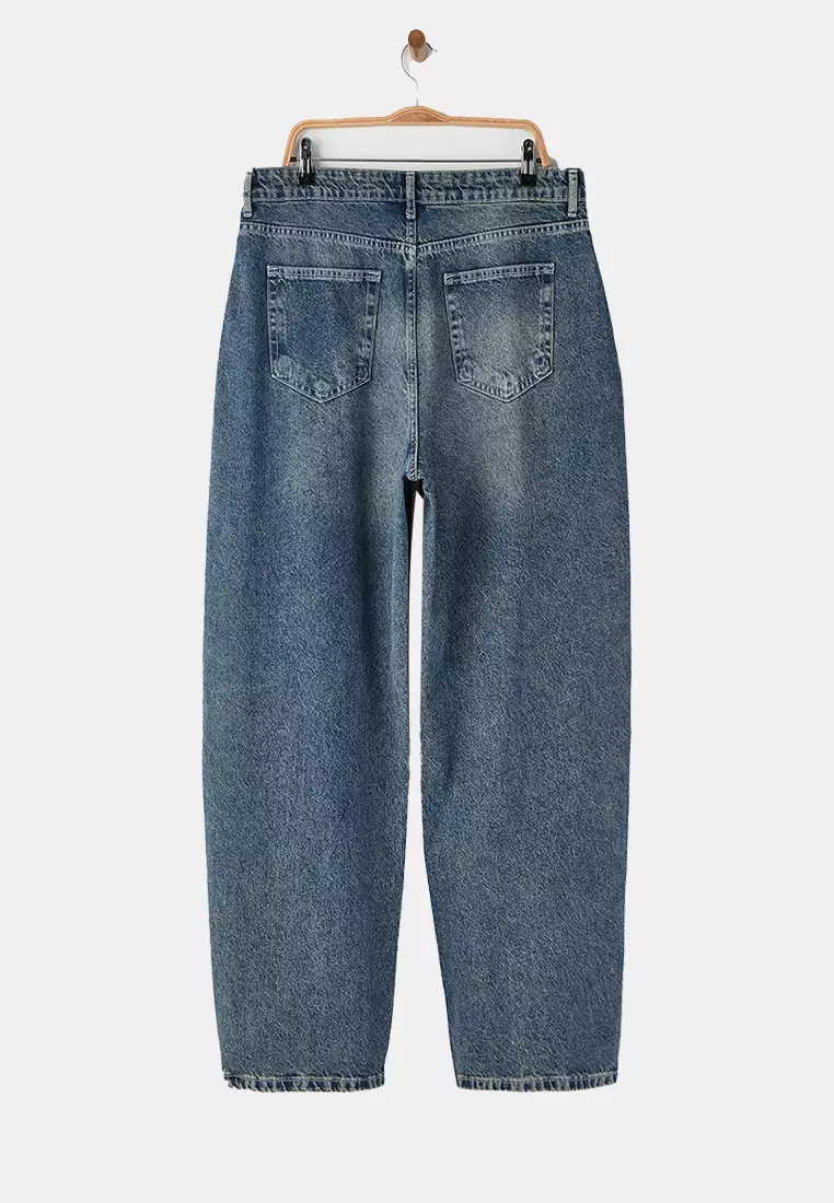 Blue High Waist Barrel Baggy 100% Cotton Non-Stretch Plus Size Jeans Tbbaw26Cj00043