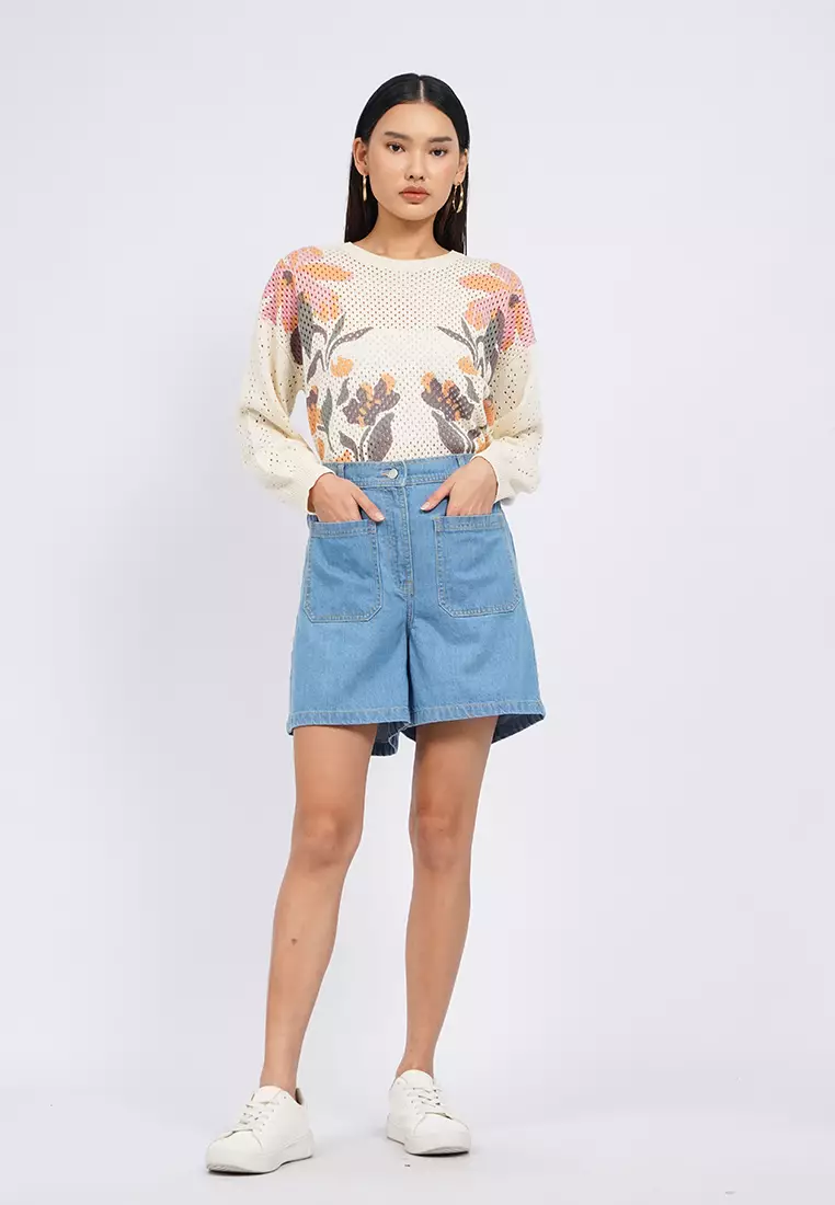 Contrast Stitch Denim Short Pants LT. BLUE
