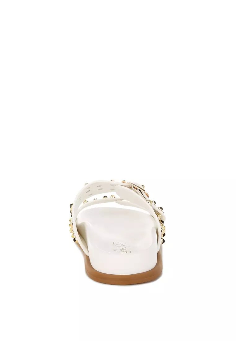 Metallic Stud Embellished Sliders In White