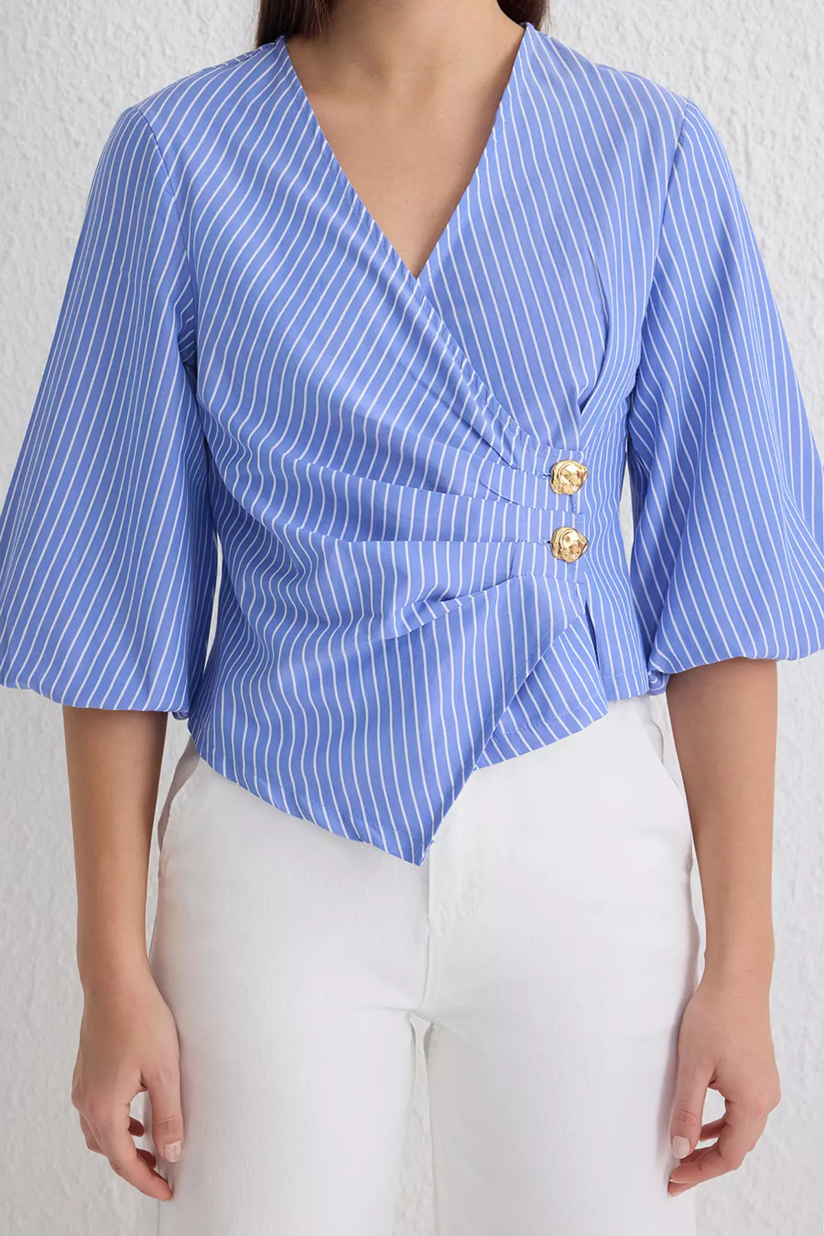 Blue Double Breasted Striped Blouse