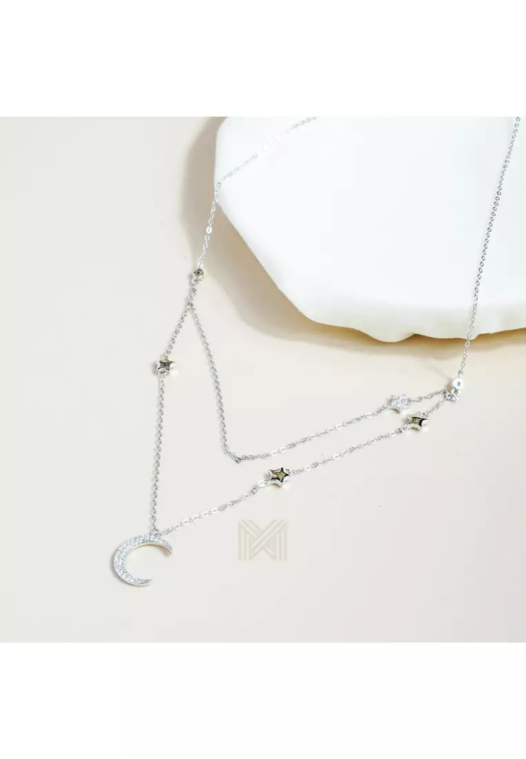 Match The Stars Moon and Stars Cubic Zirconia Rhodium Necklace with 925 Sterling Silver