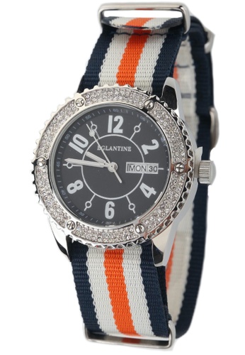 EGLANTINE 銀色 EGLANTINE®Vanessa女士精鋼石英手錶黑色錶盤表圈，海軍藍/白/橙北約錶帶上鑲嵌水晶 E260CAC10BA08DGS_1
