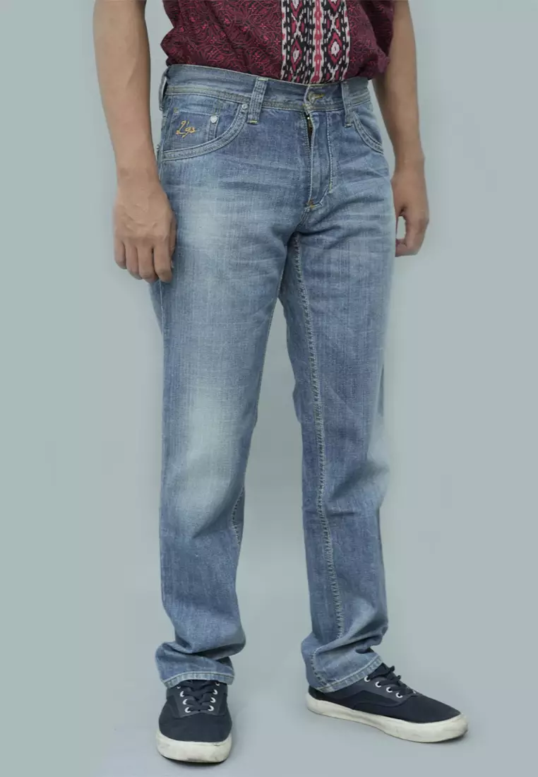 LGS - Celana Jeans Casual Pria - Motif Washed Whiskers - Biru - Regular Fit - LESF.318.062.773.7C