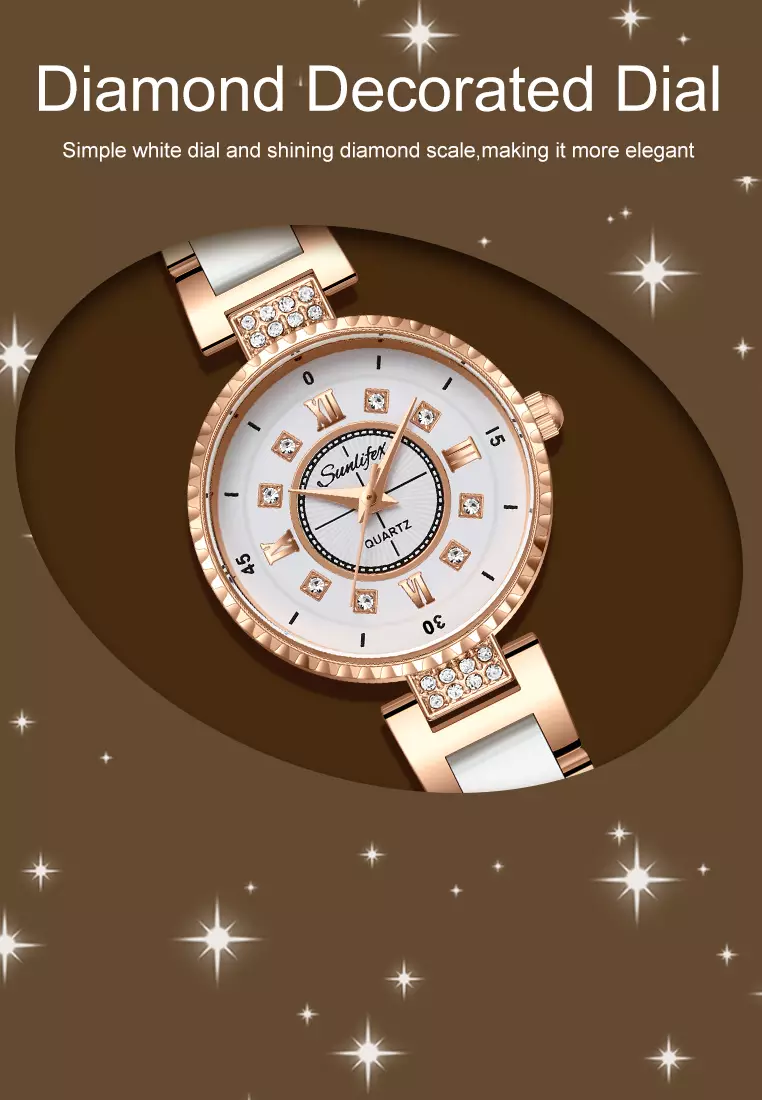 Jam Tangan Wanita Original 8013 Korea Santai Berlian Anti Air Tali keramik Jam Tangan Cewek rose white