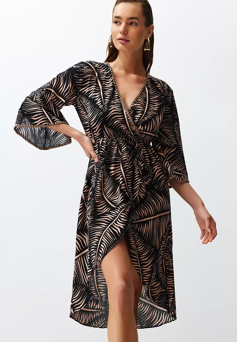 Ethnic Patterned Midi Flounce Beach Dress