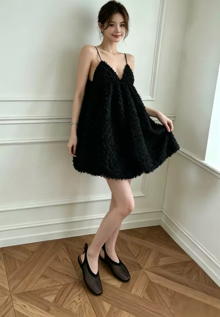 Fashion V-Neck 3D Floral Decor Slip Dress CA26041605BK
