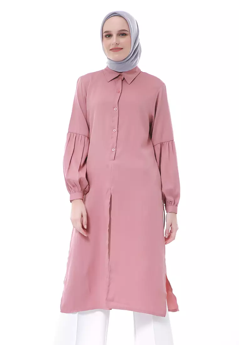 Syabilla Tunik Muslimah Wanita Long Sleeve Motif Polos Regular Fit - Dustypink