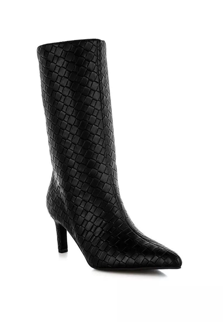 Woven Faux Leather Boots in Black