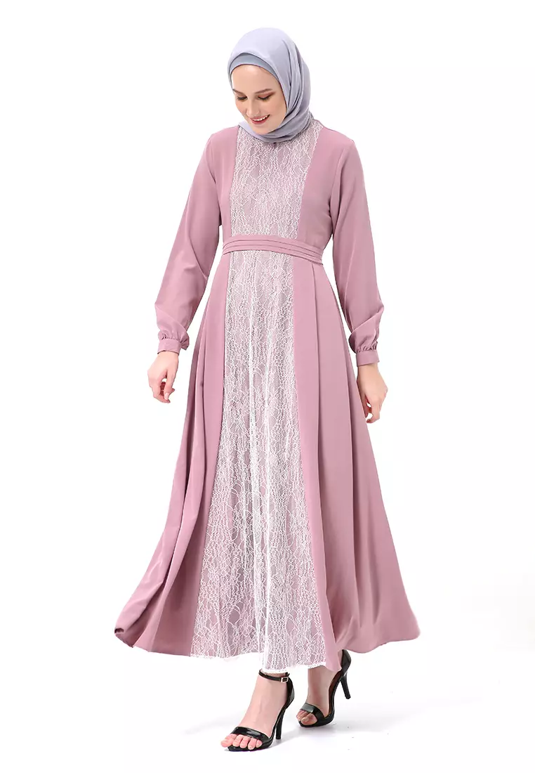 Adinda Dress Muslimah Detail Brukat Lengan Panjang Regular Fit High Quality Premium - Peony