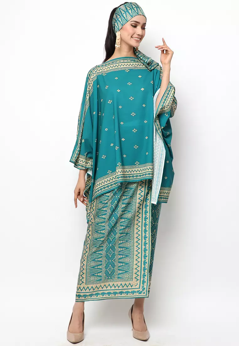 Kanzi Collection Songket R-Neck Teal Green Sarong Set
